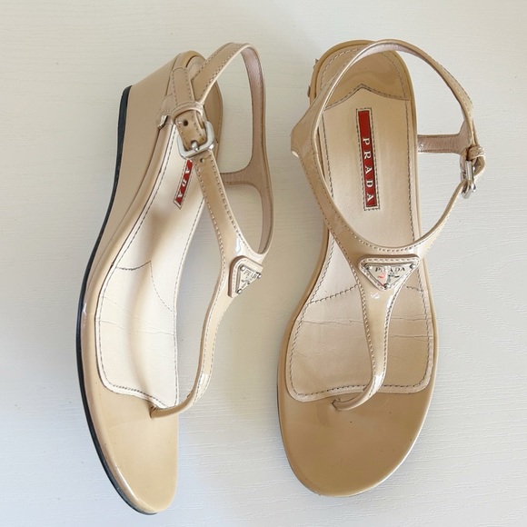 Prada Nude Triangle Logo T-Strap Wedge Sandals Patent Leather Size EU 37